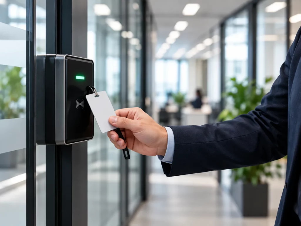 Badge d’accès utilisé sur un lecteur sécurisé à l’entrée de bureaux