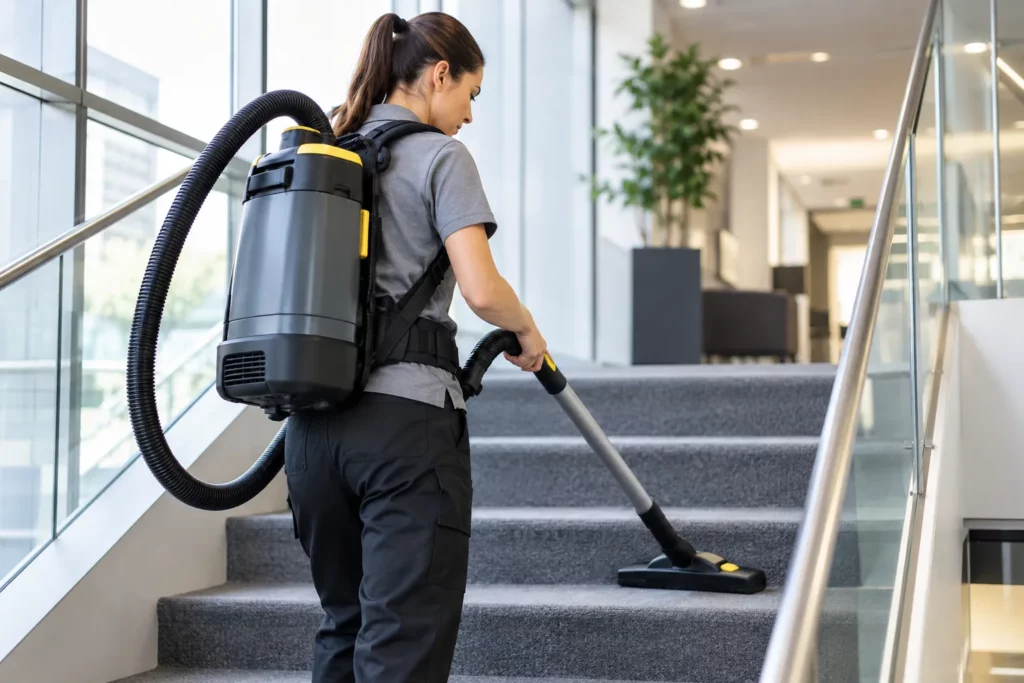 Agente d’entretien utilisant un aspirateur dorsal pour nettoyer un escalier