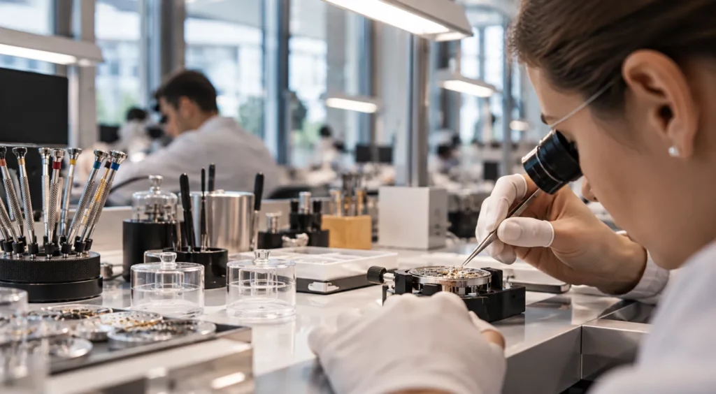 Horlogère travaillant sur un mouvement de montre dans un atelier de précision