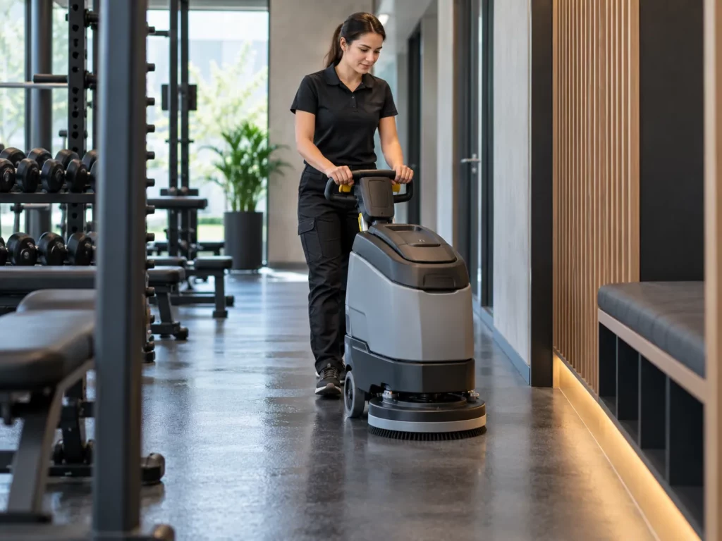 Agente d’entretien utilisant une autolaveuse compacte dans une salle de sport