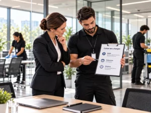 Responsable présentant un cahier des charges de nettoyage à une cliente