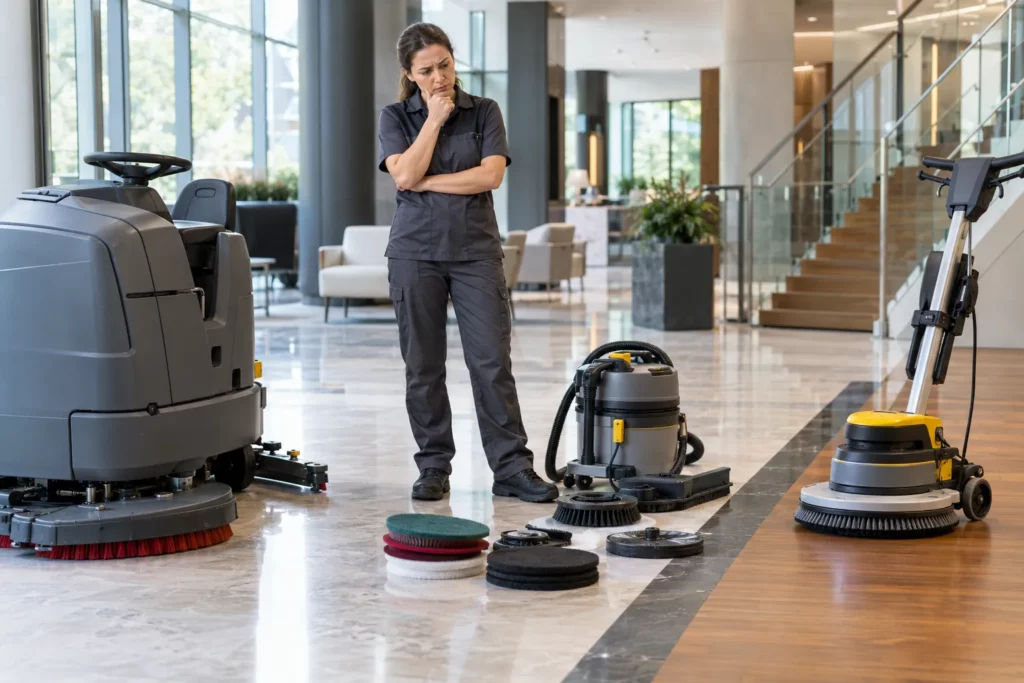 Agente d’entretien comparant plusieurs machines et accessoires de nettoyage professionnel