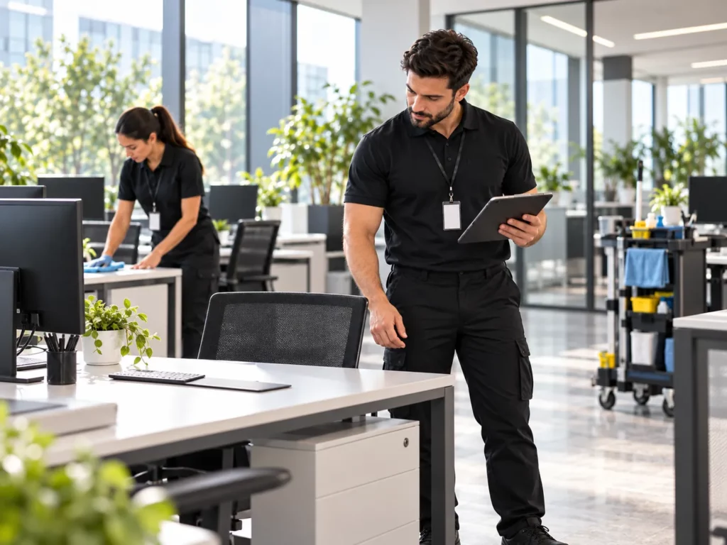 Responsable contrôlant la qualité d’une intervention de nettoyage dans des bureaux