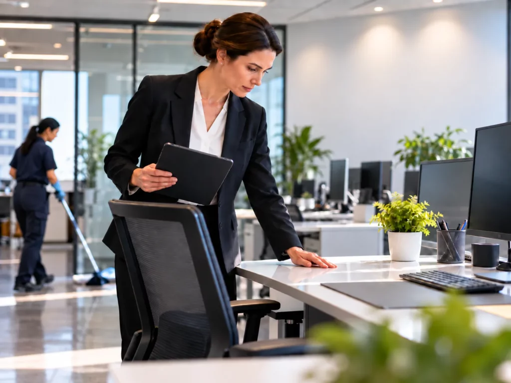 Responsable contrôlant la qualité d’une prestation de nettoyage dans des bureaux