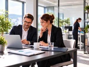 Professionnels travaillant dans des bureaux pendant qu’une agente assure le nettoyage