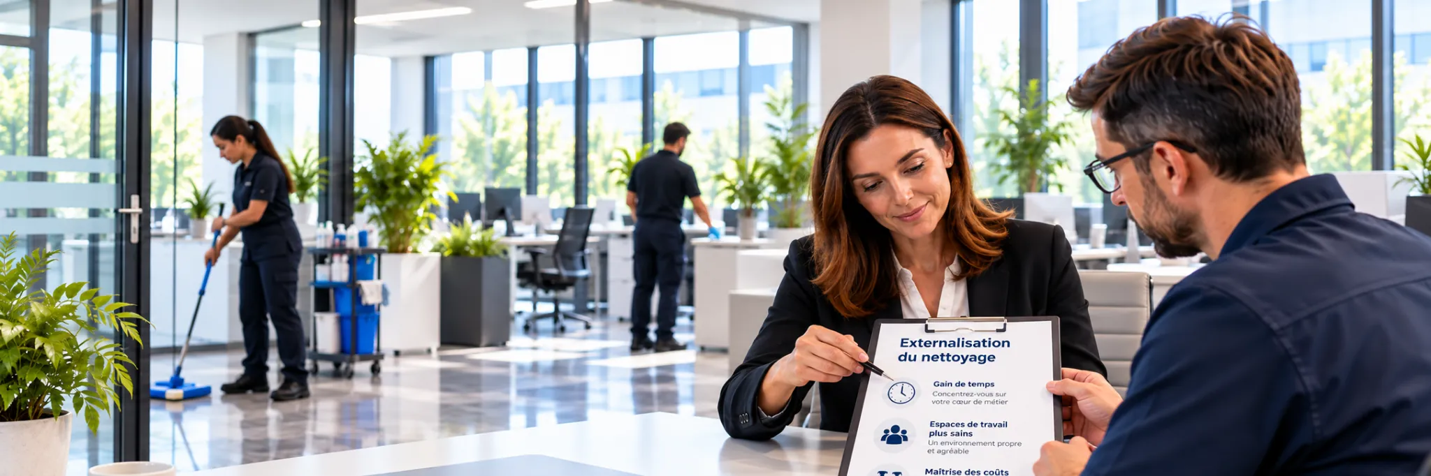 Responsable présentant les avantages de l’externalisation du nettoyage professionnel