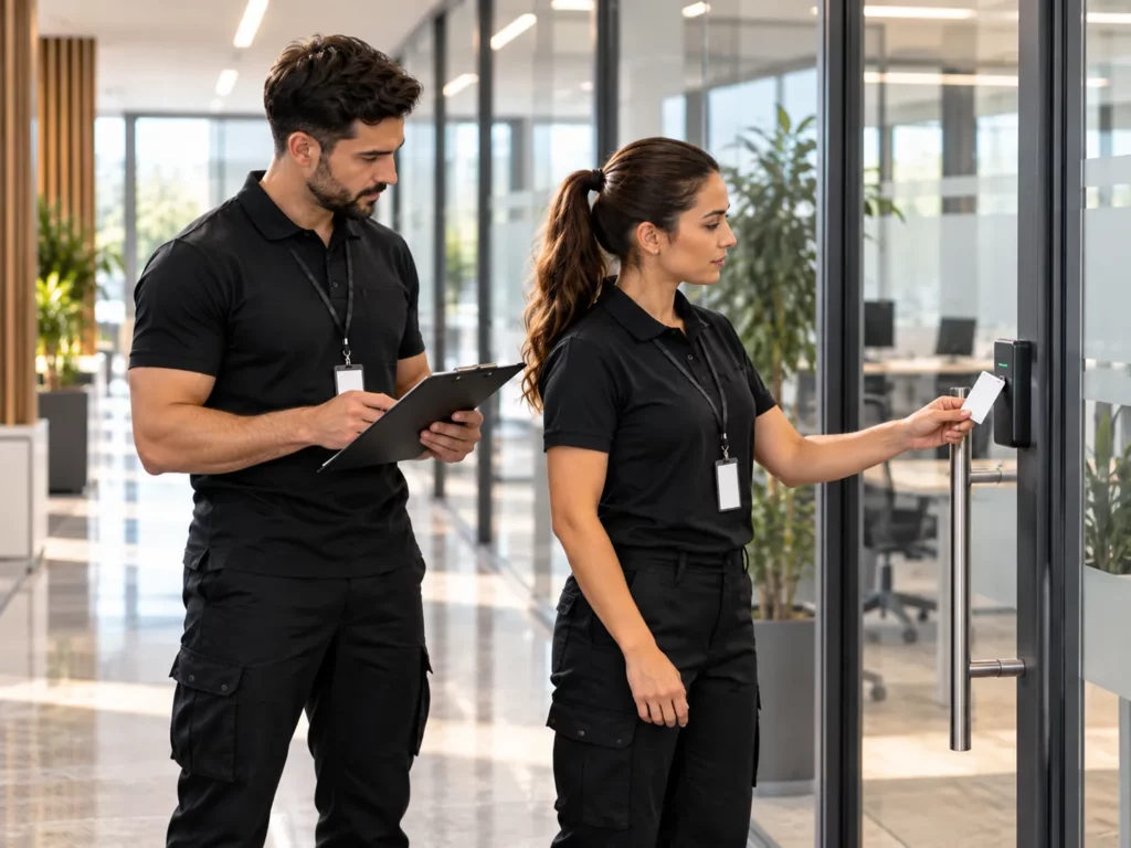 Agents d’entretien contrôlant l’accès à des locaux professionnels