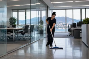 Agente d’entretien nettoyant le sol dans des bureaux modernes à Genève