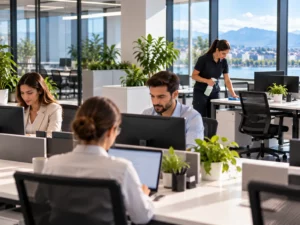 Agente d’entretien nettoyant des bureaux occupés par des collaborateurs