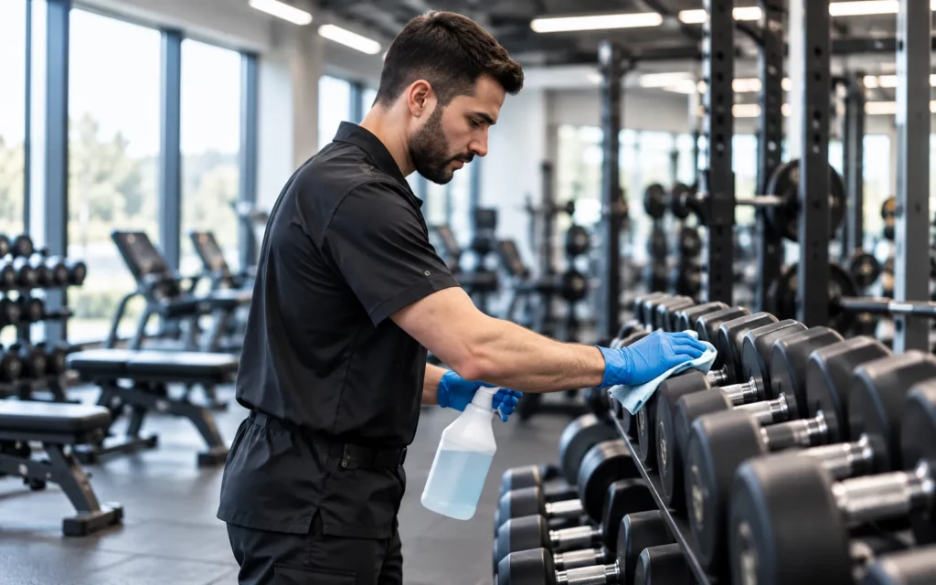 Agent d’entretien nettoyant des haltères et équipements de musculation