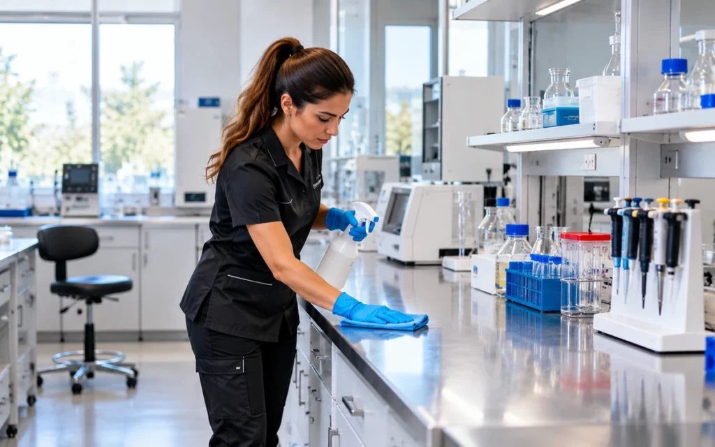 Nettoyage d’une paillasse dans un laboratoire