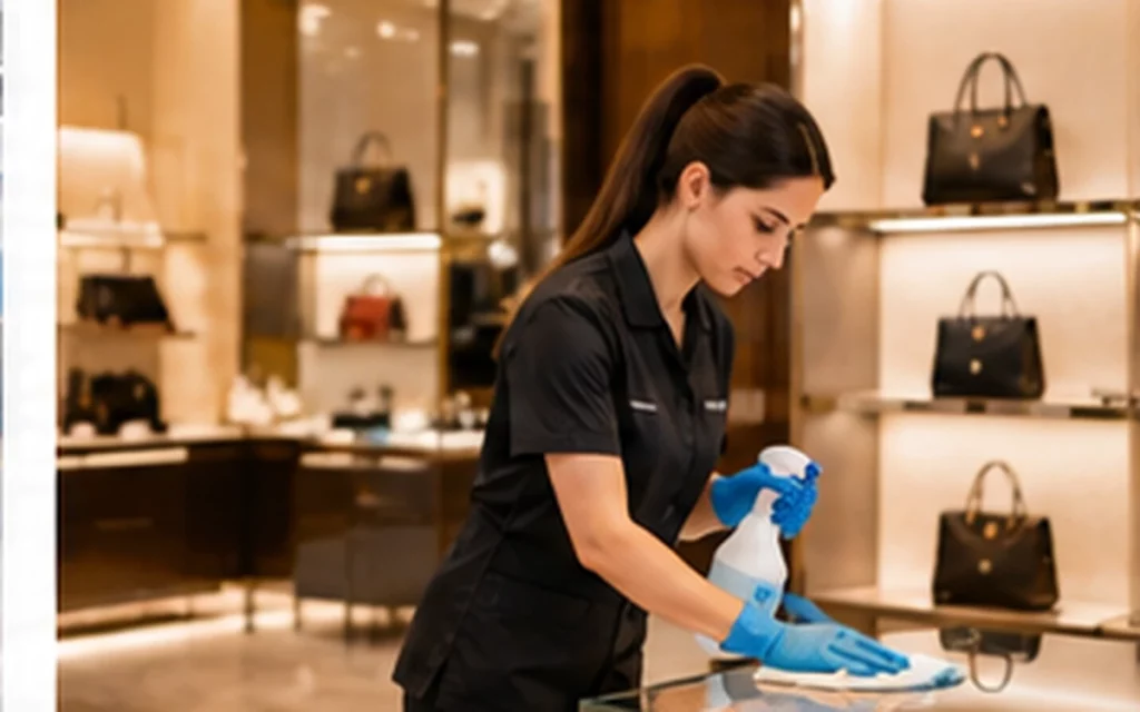 Agente d’entretien nettoyant une surface dans une boutique de luxe