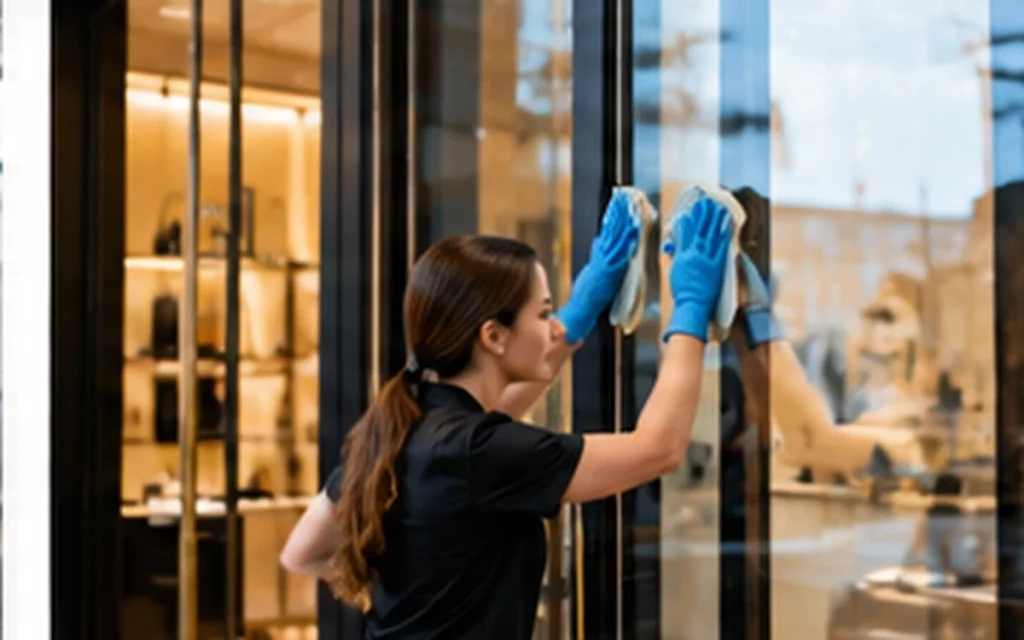 Agente d’entretien nettoyant une vitrine dans une boutique de luxe