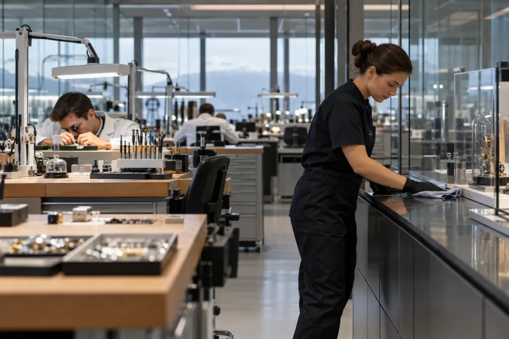 Agente d’entretien nettoyant une surface dans un atelier de précision