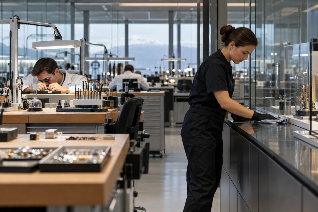 Agent d’entretien intervenant dans un atelier de précision moderne de type manufacture horlogère à Genève