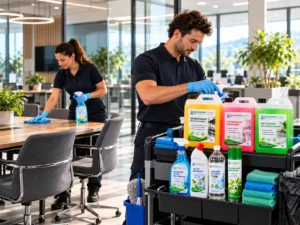 Agents d’entretien préparant les produits et le matériel avant une intervention de nettoyage