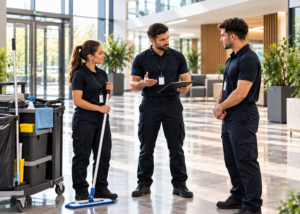 Responsable briefing deux agents d’entretien dans des locaux professionnels