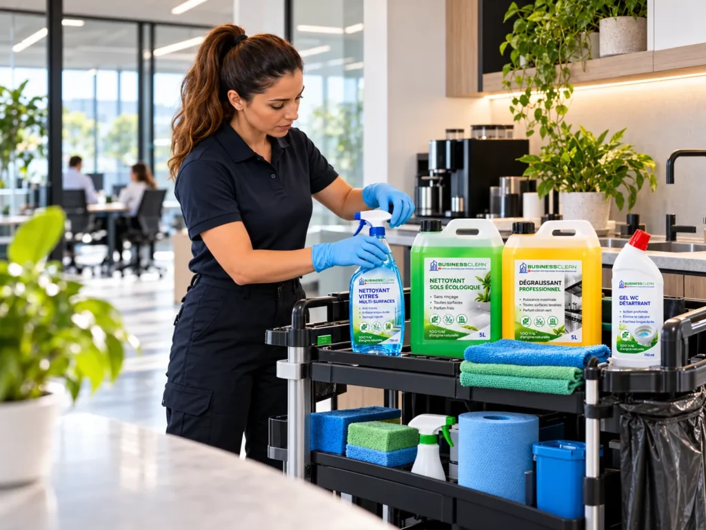 Agente d’entretien utilisant des produits écologiques de nettoyage professionnel
