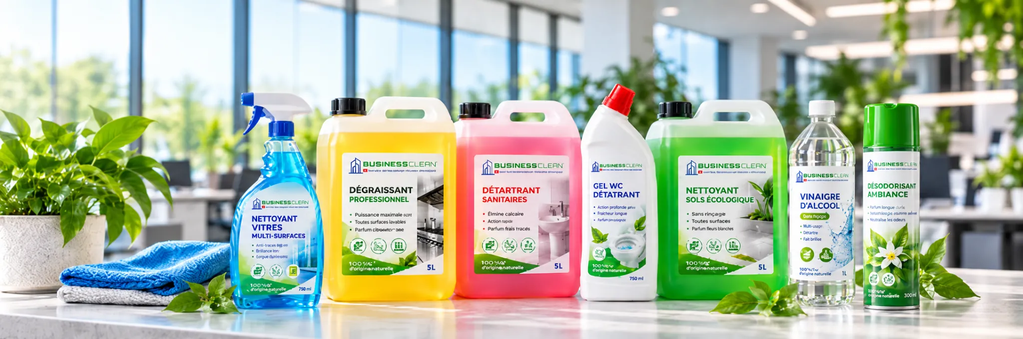 Gamme de produits écologiques utilisés pour le nettoyage professionnel