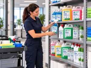 Agente d’entretien sélectionnant des produits écologiques de nettoyage professionnel