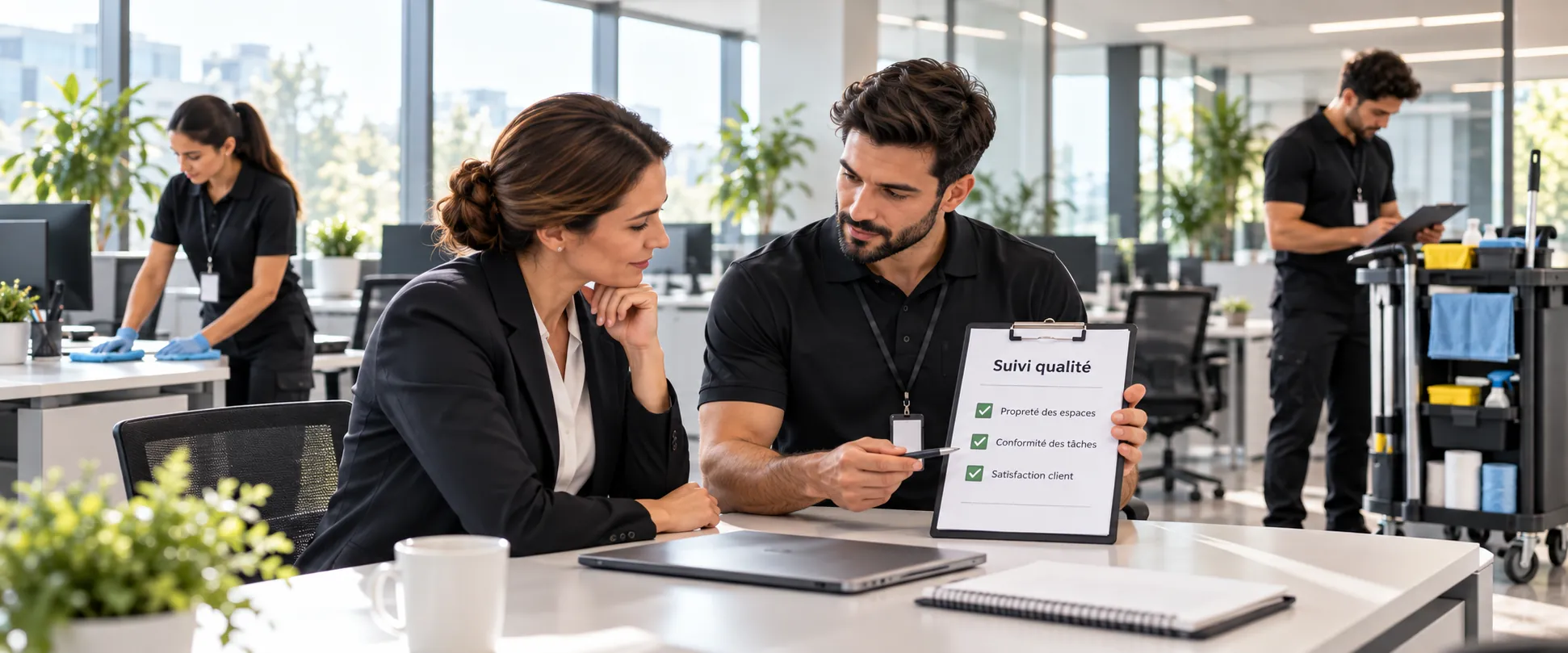 Responsable présentant le suivi qualité d’une prestation de nettoyage professionnel